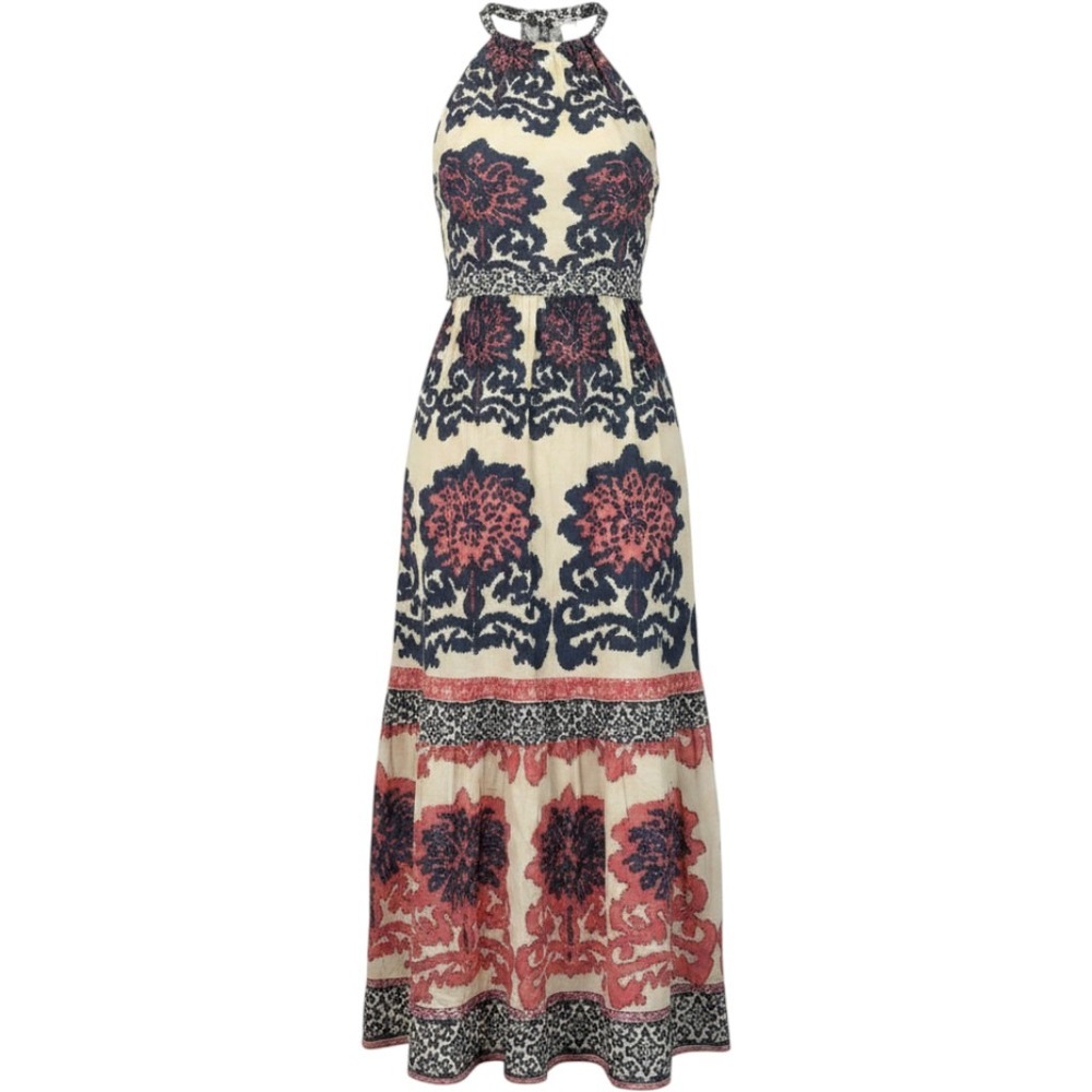 Ash & Eden Maxi Dress Cotton Block Print Halter Tiered Boho Coastal S